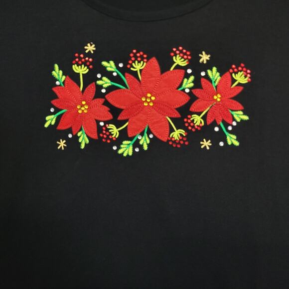 Kim Rogers Shirt Womens XL Black Long Sleeve Poinsettia Embroidered Christmas - Picture 6 of 12